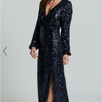 Showpo Mariella Midi Dress - Sequin Long Sleeve Thigh Split Dress in Navy