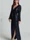 Showpo Mariella Midi Dress - Sequin Long Sleeve Thigh Split Dress in Navy