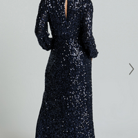 Showpo Mariella Midi Dress - Sequin Long Sleeve Thigh Split Dress in Navy