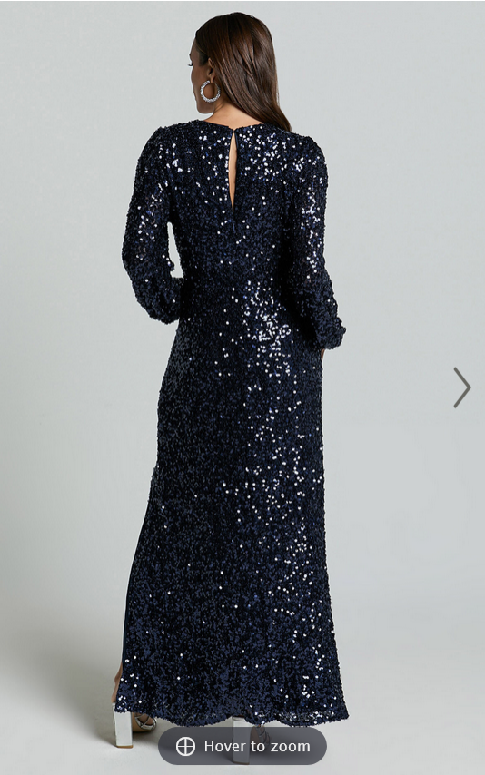 Showpo Mariella Midi Dress - Sequin Long Sleeve Thigh Split Dress in Navy