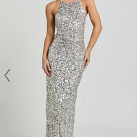 Showpo Frieda Maxi Dress - Halter Neck Cross Back Sequin Dress in Rainbow Silver