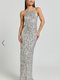 Showpo Frieda Maxi Dress - Halter Neck Cross Back Sequin Dress in Rainbow Silver