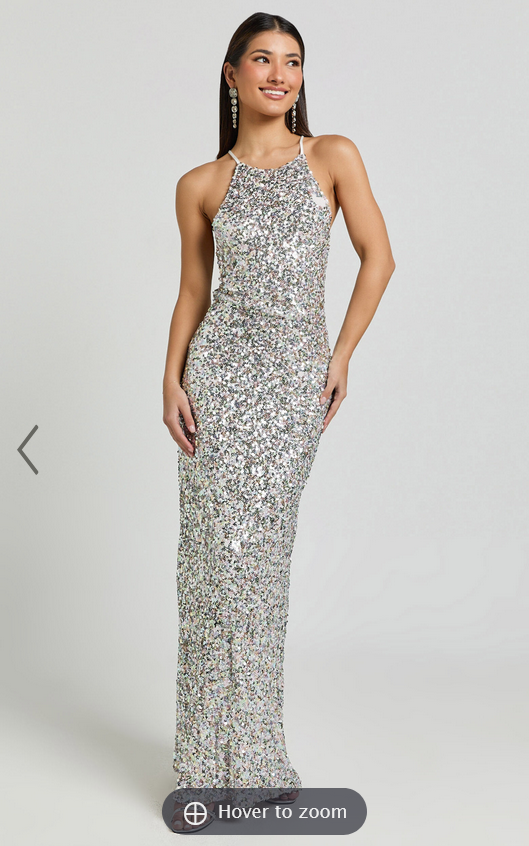 Showpo Frieda Maxi Dress - Halter Neck Cross Back Sequin Dress in Rainbow Silver