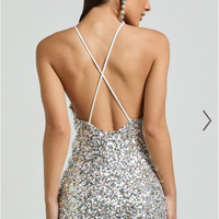 Showpo Frieda Maxi Dress - Halter Neck Cross Back Sequin Dress in Rainbow Silver