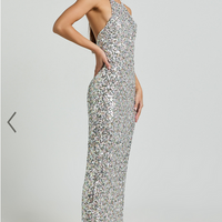 Showpo Frieda Maxi Dress - Halter Neck Cross Back Sequin Dress in Rainbow Silver