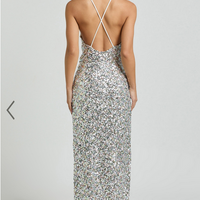 Showpo Frieda Maxi Dress - Halter Neck Cross Back Sequin Dress in Rainbow Silver