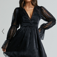 Showpo Lanna Mini Dress - Long Puff Sleeve V Neck Dress in Black