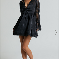 Showpo Lanna Mini Dress - Long Puff Sleeve V Neck Dress in Black