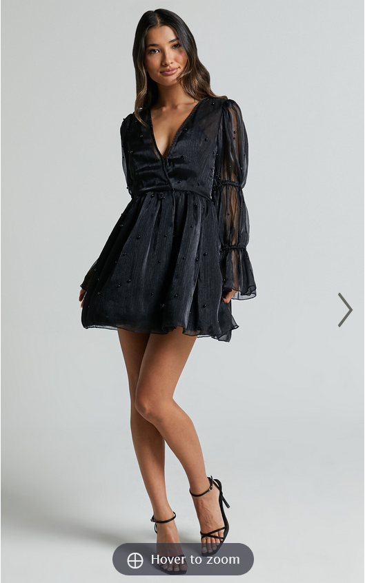 Showpo Lanna Mini Dress - Long Puff Sleeve V Neck Dress in Black