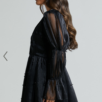 Showpo Lanna Mini Dress - Long Puff Sleeve V Neck Dress in Black