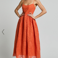 Showpo Gabriella Midi Dress - Strappy Gathered Skirt Embroidered Dress in Orange