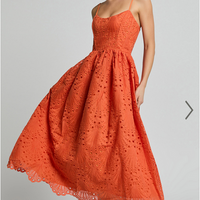 Showpo Gabriella Midi Dress - Strappy Gathered Skirt Embroidered Dress in Orange