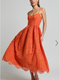 Showpo Gabriella Midi Dress - Strappy Gathered Skirt Embroidered Dress in Orange