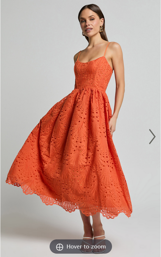 Showpo Gabriella Midi Dress - Strappy Gathered Skirt Embroidered Dress in Orange