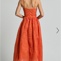 Showpo Gabriella Midi Dress - Strappy Gathered Skirt Embroidered Dress in Orange