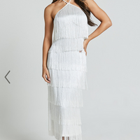 Showpo Trixie Maxi Dress - Diamond Halter Neck Fringe Tiered Dress in White