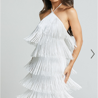 Showpo Trixie Maxi Dress - Diamond Halter Neck Fringe Tiered Dress in White