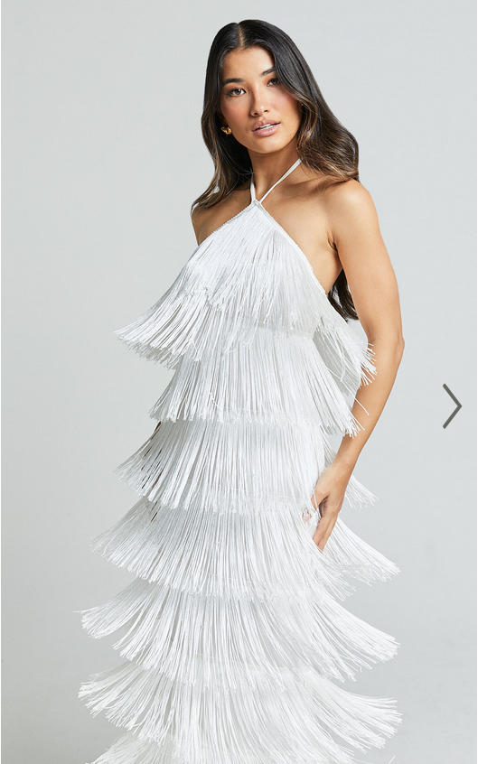 Showpo Trixie Maxi Dress - Diamond Halter Neck Fringe Tiered Dress in White