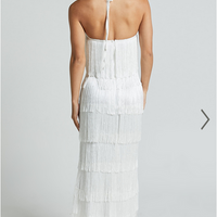 Showpo Trixie Maxi Dress - Diamond Halter Neck Fringe Tiered Dress in White