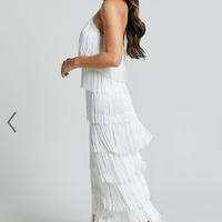 Showpo Trixie Maxi Dress - Diamond Halter Neck Fringe Tiered Dress in White