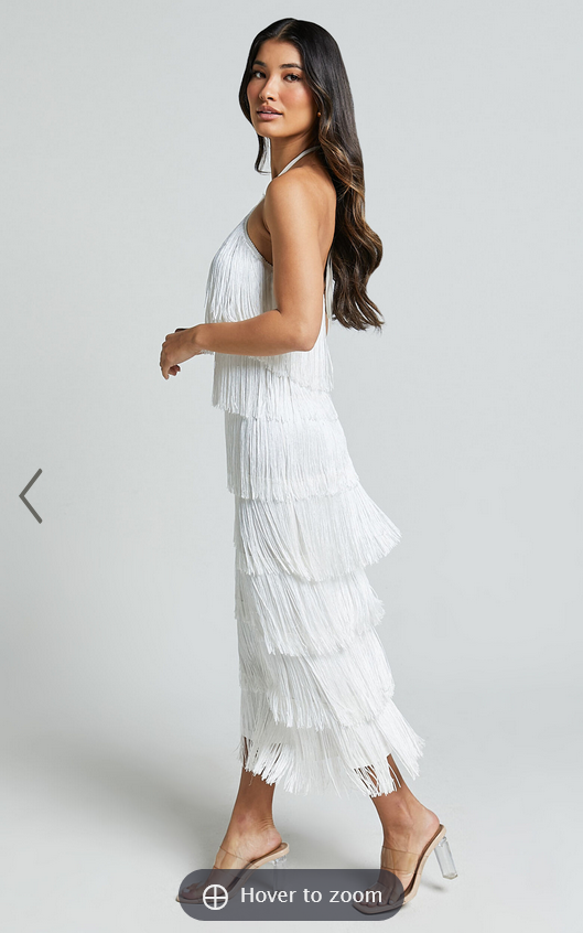 Showpo Trixie Maxi Dress - Diamond Halter Neck Fringe Tiered Dress in White