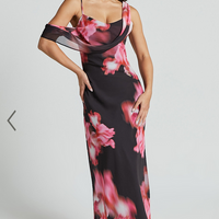 Showpo Jeanie Maxi Dress - Cowl Neck One Shoulder Slip Dress in Daze Print