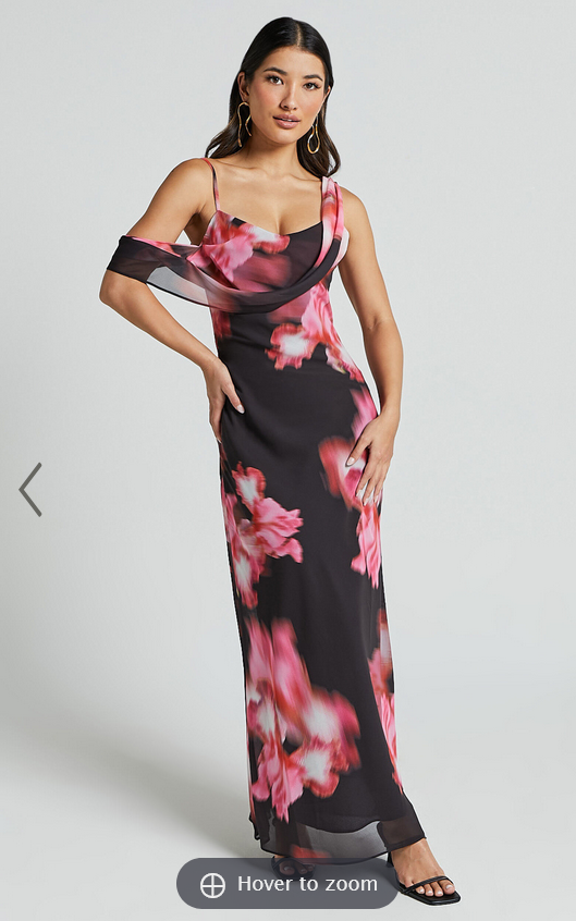 Showpo Jeanie Maxi Dress - Cowl Neck One Shoulder Slip Dress in Daze Print