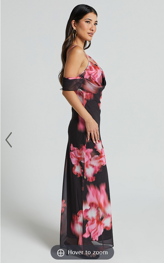 Showpo Jeanie Maxi Dress - Cowl Neck One Shoulder Slip Dress in Daze Print