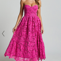 Showpo Gabriela Midi Dress - Strapless Lace Dress in Magenta