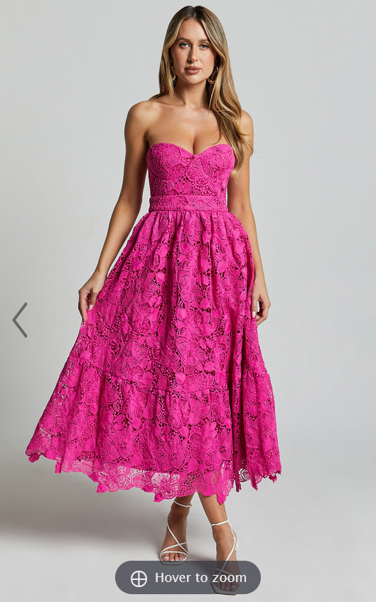 Showpo Gabriela Midi Dress - Strapless Lace Dress in Magenta