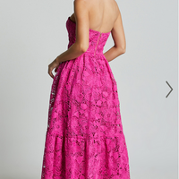 Showpo Gabriela Midi Dress - Strapless Lace Dress in Magenta