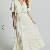 Showpo Danny Midi Dress - Ruffle Sleeve Tiered Dress in Natural