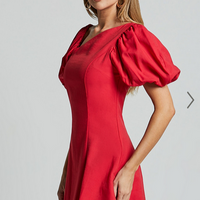 Showpo Harlow Mini Dress - Asymmetric Puff Sleeve Flare Dress in Red