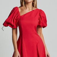 Showpo Harlow Mini Dress - Asymmetric Puff Sleeve Flare Dress in Red