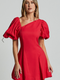 Showpo Harlow Mini Dress - Asymmetric Puff Sleeve Flare Dress in Red