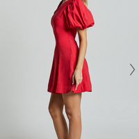 Showpo Harlow Mini Dress - Asymmetric Puff Sleeve Flare Dress in Red