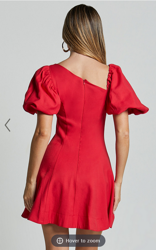 Showpo Harlow Mini Dress - Asymmetric Puff Sleeve Flare Dress in Red