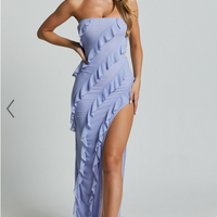 Showpo Alyssa Midi Dress - Strapless High Slit Ruffle Detail Dress in Soft Blue