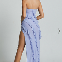 Showpo Alyssa Midi Dress - Strapless High Slit Ruffle Detail Dress in Soft Blue