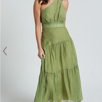 Showpo Edeline Midi Dress - One Shoulder Twist Tiered Dress in Olive