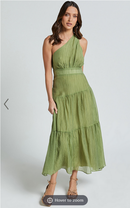 Showpo Edeline Midi Dress - One Shoulder Twist Tiered Dress in Olive