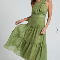 Showpo Edeline Midi Dress - One Shoulder Twist Tiered Dress in Olive