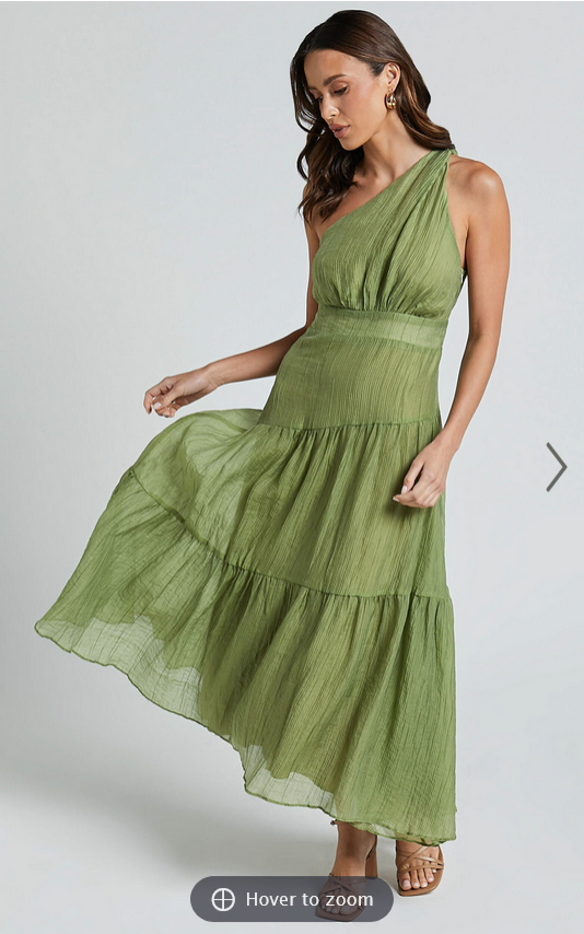 Showpo Edeline Midi Dress - One Shoulder Twist Tiered Dress in Olive