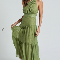 Showpo Edeline Midi Dress - One Shoulder Twist Tiered Dress in Olive