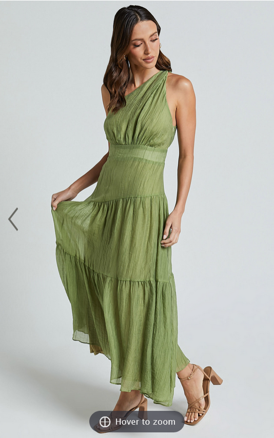 Showpo Edeline Midi Dress - One Shoulder Twist Tiered Dress in Olive