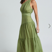 Showpo Edeline Midi Dress - One Shoulder Twist Tiered Dress in Olive