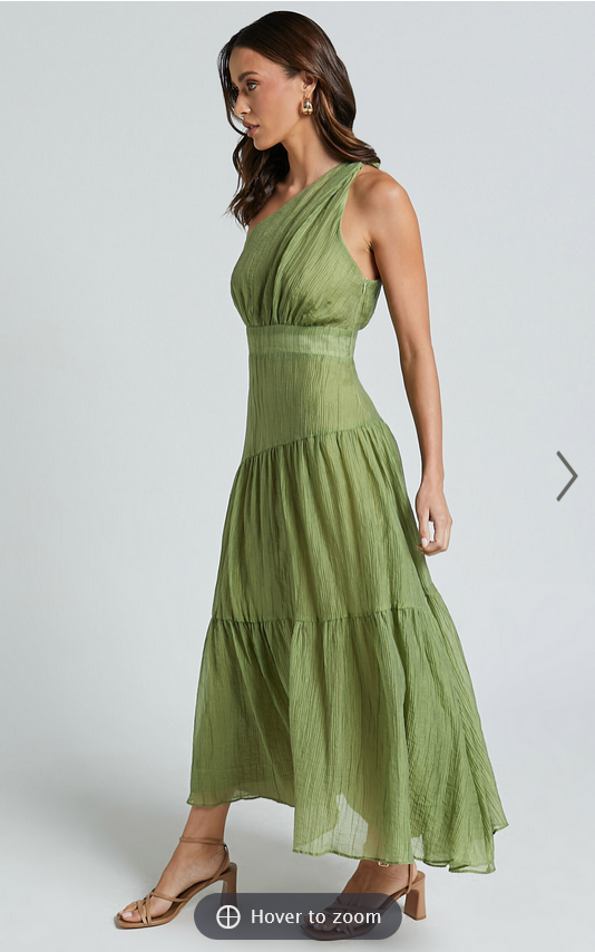 Showpo Edeline Midi Dress - One Shoulder Twist Tiered Dress in Olive