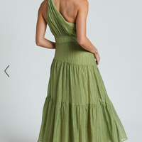 Showpo Edeline Midi Dress - One Shoulder Twist Tiered Dress in Olive