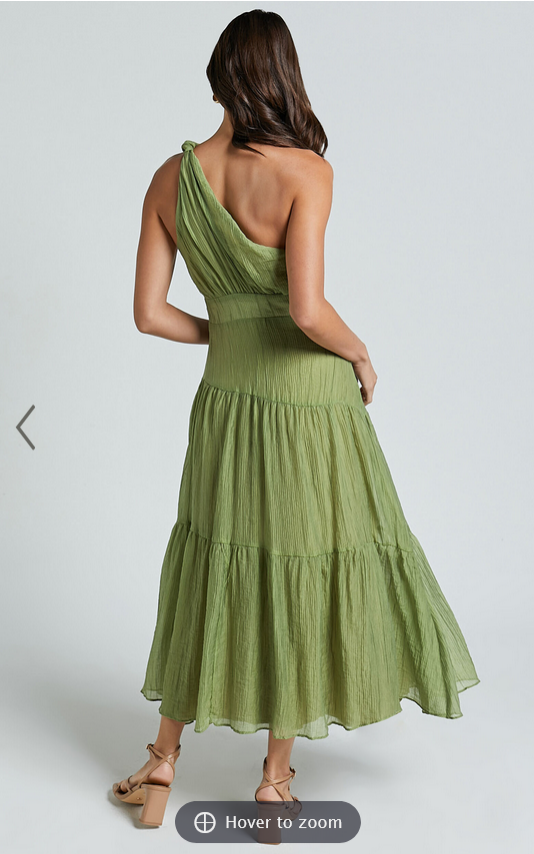 Showpo Edeline Midi Dress - One Shoulder Twist Tiered Dress in Olive