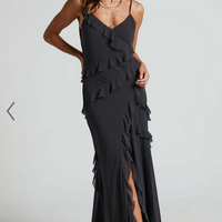 Showpo Nitha Maxi Dress - Asymmetrical Frill Thigh Split Dress